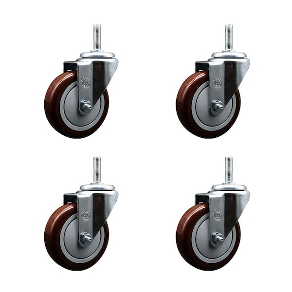 4 Inch Maroon Polyurethane Wheel Swivel 34 Inch Threaded Stem Caster Set Service Caster